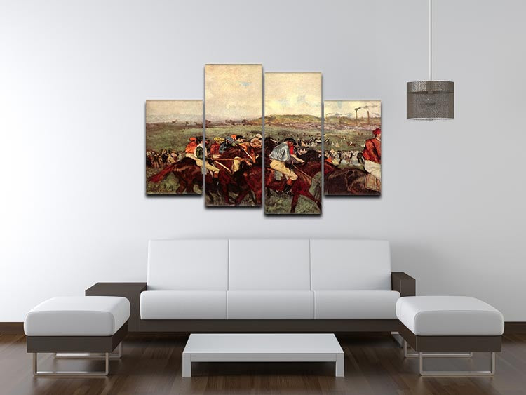 A 4-split canvas artwork featuring Degas' Men's Riders Before the Start, showcasing dynamic equestrian scenes in vibrant colors.